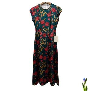 Elegant Floral Midi Dress in Red and Green